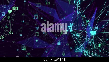Digital image of globe of digital icons spinning against plexus networks on black background Stock Photo