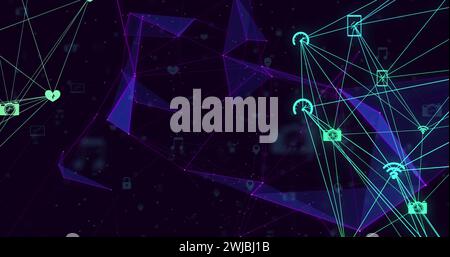 Digital image of globe of digital icons spinning against plexus networks on black background Stock Photo