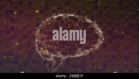 Digital image of network of connections over digital brain spinning against purple background Stock Photo