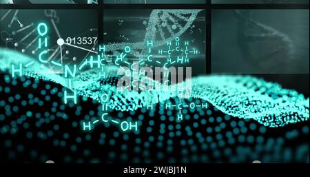 Image of dna strands and scientific data processing over black background Stock Photo
