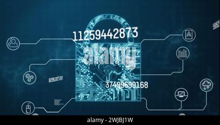 Digital image of changing numbers over security padlock icon against blue background Stock Photo