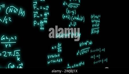 Image of mathematical formulae and scientific data processing over black background Stock Photo