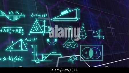 Image of mathematical formulae and scientific data processing over black background Stock Photo