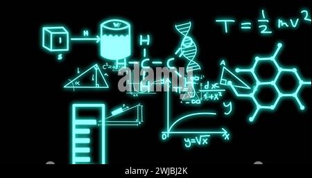 Image of mathematical formulae and scientific data processing over black background Stock Photo