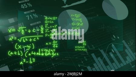 Image of mathematical formulae and scientific data processing over black background Stock Photo