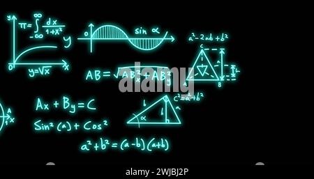Image of mathematical formulae and scientific data processing over black background Stock Photo