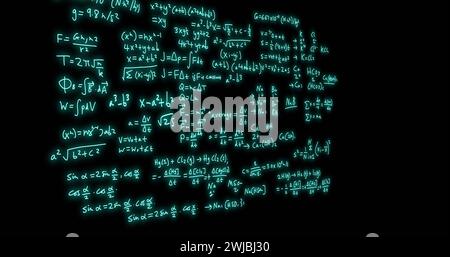 Image of mathematical formulae and scientific data processing over black background Stock Photo