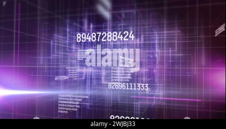 Image of numbers changing data processing against glowing grid Stock Photo