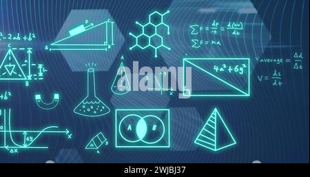 Image of mathematical formulae and scientific data processing over black background Stock Photo