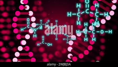 Image of dna strands and scientific data processing over black background Stock Photo