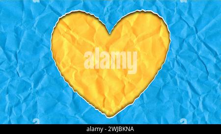 Yellow heart on blue paper, heart symbol in the colors of Ukraine, conceptual background Stock Photo