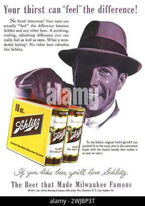 1953 Schlitz beer print ad. 'Your thirst can feel the difference. The beer that made Miwaukee famous.' Stock Photo