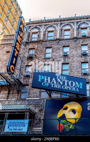 NEW YORK, USA-MARCH 8, 2020: Exterior of the Majestic Theatre and The Phantom Of The Opera, located on 245 W 44th St, Manhattan. Stock Photo
