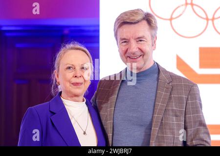Sarajevo, Bosnia And Herzegovina. 14th Feb, 2024. British ice dancers Jayne Torvill and Christopher Dean pose for a photo after a press conference in Sarajevo, Bosnia and Herzegovina, on February 14, 2024. Jayne Torvill and Christopher Dean will join the celebrations of the 40th anniversary of the Sarajevo Winter Olympics when they won Olympic gold and became the first pair to receive top marks from all nine judges at the Olympics finals. Photo: Armin Durgut/PIXSELL Credit: Pixsell/Alamy Live News Stock Photo