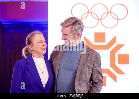 Sarajevo, Bosnia And Herzegovina. 14th Feb, 2024. British ice dancers Jayne Torvill and Christopher Dean pose for a photo after a press conference in Sarajevo, Bosnia and Herzegovina, on February 14, 2024. Jayne Torvill and Christopher Dean will join the celebrations of the 40th anniversary of the Sarajevo Winter Olympics when they won Olympic gold and became the first pair to receive top marks from all nine judges at the Olympics finals. Photo: Armin Durgut/PIXSELL Credit: Pixsell/Alamy Live News Stock Photo