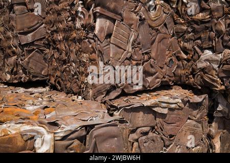 Bales of crushed and compacted gas tanks at scrap metal recycling yard, Quebec, Canada Stock Photo