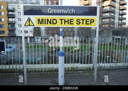 Mind The Step Sign at Greenwich Station, Greenwich High Road, Greenwich, Greater London. Stock Photo