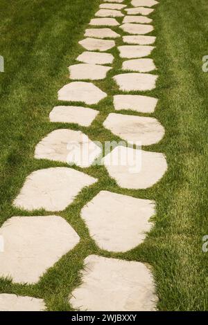 Flagstone walking path laid in grass lawn in backyard in summer. Stock Photo