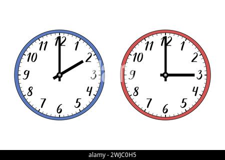 Illustration of two wall clocks on white. The blue one symbolizes winter, the red one summer. Symbol of time change. Moving the hands forward. Stock Vector