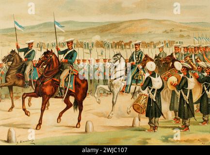 History of Spain. Carlos María Isidro de Borbón (1788-1855), known as Don Carlos. Infante of Spain, the first Carlist pretender to the Spanish throne as Carlos V. First Carlist War (1833-1840). Don Carlos reviewing his troops in Amurrio (Alava). The review took place on 1 December 1837, forming a division composed of thirteen battalions of five hundred soldiers each, along the camino real (royal road) to Bilbao. Don Carlos was accompanied by the Infante Don Sebastián. Illustration by J. Alaminos. Chromolithography. 'Historia de la Guerra Civil y de los Partidos Liberal y Carlista' (History of Stock Photo