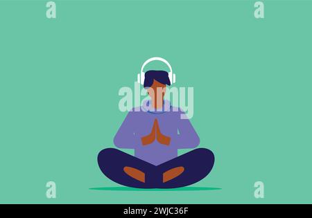 Man listening music while doing meditation illustration Stock Vector