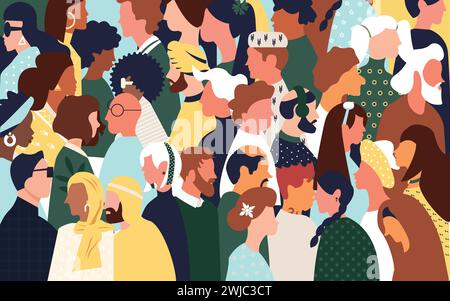 Flat illustration with inclusive and diverse crowded people all together showcasing intolerance Stock Vector