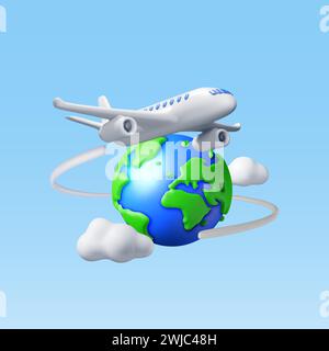 3D Airplane in Clouds and Globe Isolated Stock Vector