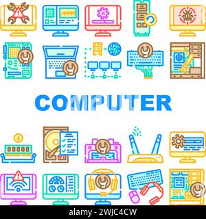 computer repair technician pc icons set vector. hardware maintenance ...