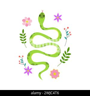 Cute green snake surrounded by spring flowers. Kawaii character in cartoon style top view. Illustration isolated on white background Stock Vector