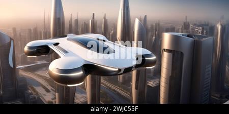 Futuristic electric VTOL quadcopter flying on a modern city. New mobility zero emission concept Stock Photo