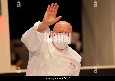 Thierry Marx, emblematic double-starred chef, chairs the jury for the “Trophée Jean-Rougié” in Sarlat in Périgord Noir. This gastronomic competition a Stock Photo