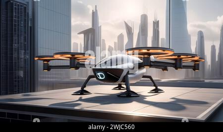 Futuristic VTOL quadcopter lands on helipad on a building roof. New mobility zero emission concept Stock Photo