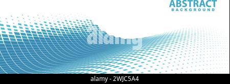 Abstract background with perspective cool blue dotted undulated surface. Wide vector graphic pattern Stock Vector