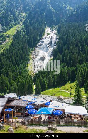 Grawa waterfall. alp Grawa Alm restaurant Stubaier Alpen Stubai Alps Stubaital Tirol, Tyrol Austria Stock Photo