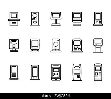 Interactive information kiosk black line icon. Self service counter ...