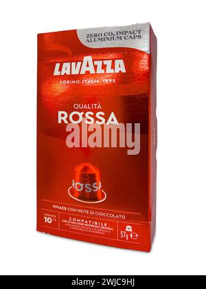 Italy - February 06, 2024: coffee aluminum caps in Lavazza branded box of Red Quality type, Isolated on white with clipping path included Stock Photo