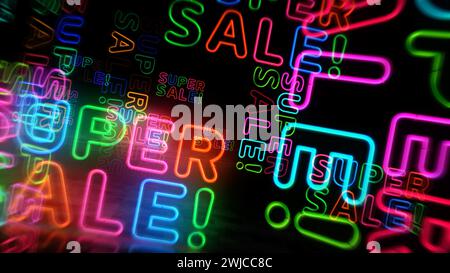Super Sale neon symbol. Special offer and discount promotion light color bulbs. Abstract concept 3d illustration. Stock Photo