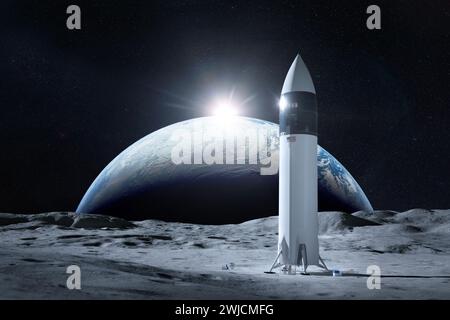 Starship spacecraft on Moon surface with Earth planet backdrop. Artemis space mission. Elements of this image furnished by NASA. Stock Photo