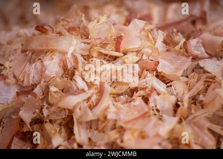 Katsuobushi is a food prepared from dried, fermented and smoked skipjack or bonito tuna. Stock Photo