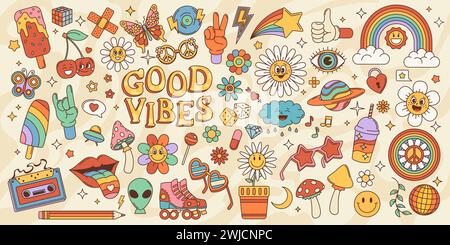 Retro groovy stickers and icons cartoon vector psychedelic nostalgic set. Ice cream, cherry, rainbow and flowers, alien, cloud planet and amanita mushroom. Tape, roller skates, sunglasses or butterfly Stock Vector