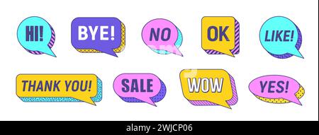 Memphis speech bubbles isolated vector set. Vibrant dialog elements or clouds featuring bold colors, thick outlines and dynamic visual typography hi, bye, no, ok and like, thank you, sale, wow and yes Stock Vector