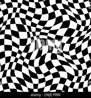 Wavy checker pattern or trippy checkerboard background with optical illusion. Vector black and white checker squares or chessboard swirl with spiral twist distortion for psychedelic hypnotic pattern Stock Vector