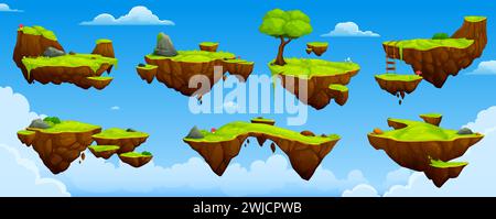 Floating island, game platforms and arcade levels with trees and grass, cartoon vector. Island rocks flying in sky or levitating with ladders and jump platforms for adventure game level interface Stock Vector