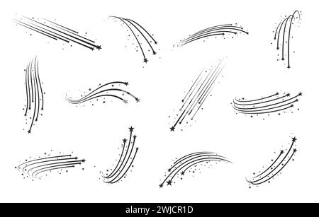 Shooting stars, falling comets with trails and tails, meteor silhouettes and Christmas starburst, vector icons. Flying stars meteorites or firework shoot of magic sparks and sparkles with black tails Stock Vector