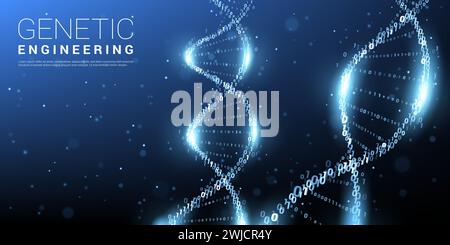 Digital dna, binary molecular genome code. Vector scientific banner with futuristic neon glowing helix structure. Genetic engineering molecular coding, template for medicine or biochemistry technology Stock Vector