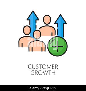Customer growth. CDN. Content delivery network icon, website database upload and update service pictogram, web media file storage and backup server vector sign or icon with people, figure, up arrow Stock Vector