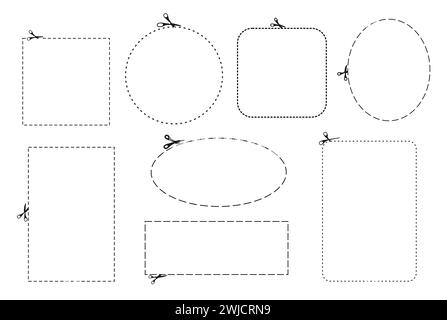 Cut here line dash, coupon discount outline frames with scissors, vector circles and squares icons. Cut here line symbols for coupon cutout, dotted frames and cutter dash shapes with curved edges Stock Vector