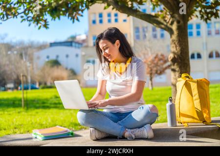 Concentrated student using laptop sitting on the grass of the campus Stock Photo