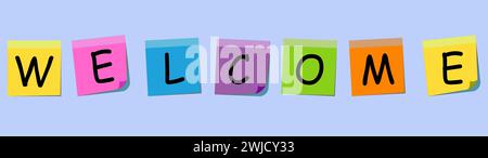 Colourful Post-It Note Stickers with Text “Welcome”, New Employee Concept, Welcome Announcement Stock Vector