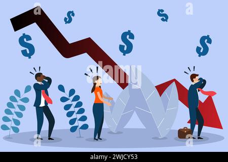 Company employees in shock after business goes bankrupt, Business Closure or unemployment Concept, Arrow going from black to red to show the business Stock Vector